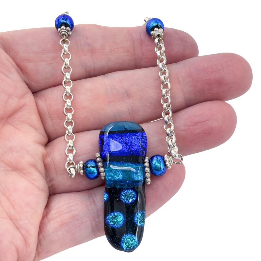 Vintage Italy Sterling Silver 925 Blue Dichroic Glass Pendant Necklace 22"
